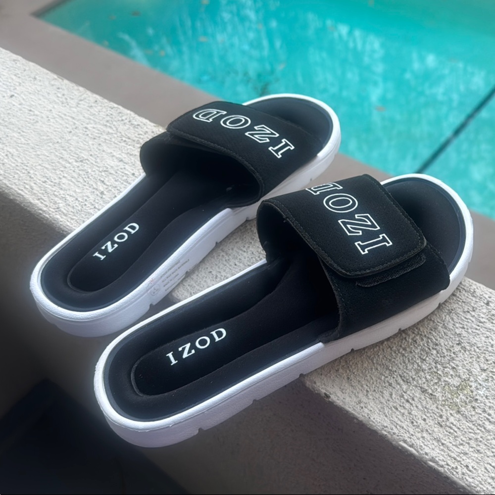 IZOD Black & White Slide-In Sandals with Wide (Velcro) Strap